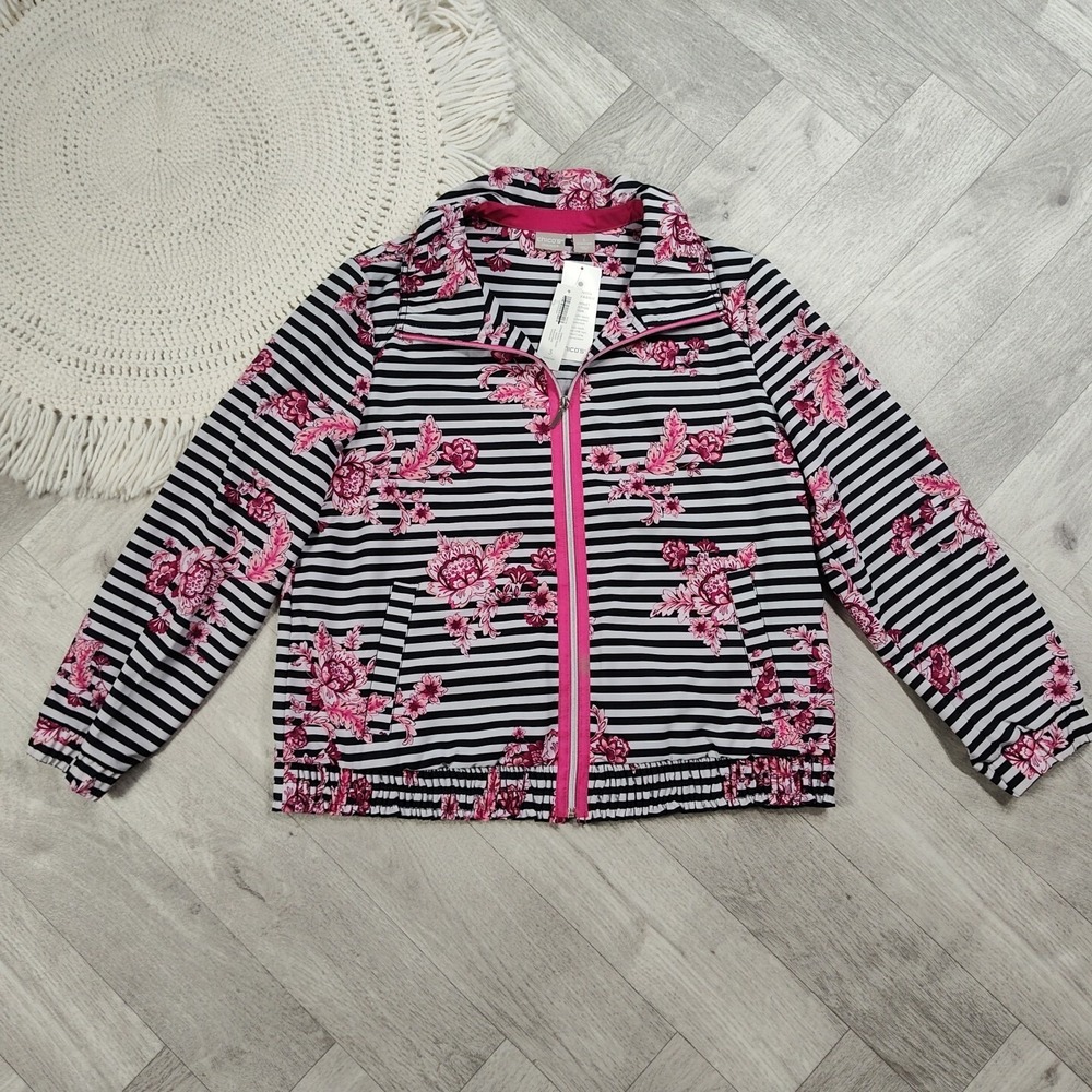 Nwts! Chicos Zenergy Women's Plus Size 3 Stripe Floral Full Zip Jacket UPF 50